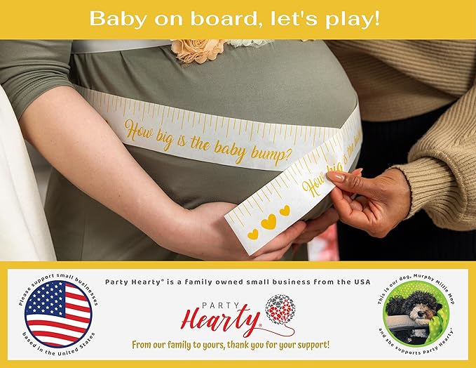 Party Hearty Funny Baby Shower Games for Girl and Boy Activities, 2 Rolls, 2 inch x 150 feet, Gold Tummy Measure, Fun & Easy Idea