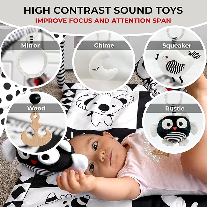 QUOKKA Padded Baby Mat for Floor Tummy Time - Super Soft Black&White Play Mat for Kids Toddlers & Infants - 6 Toys | Thick Pad | Machine Washable | Black White Colors for Vision Development