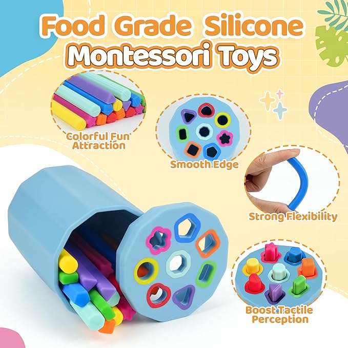 Shape & Color Sorting Montessori Baby Toddler Toys for 1 2 3 Years Boys Girls, Silicone Montessori Toys for 1 Year Old, Fine Motor Skills Sensory Toddlers Toy 1 Year Old Girl and Boy Gift, Sticks