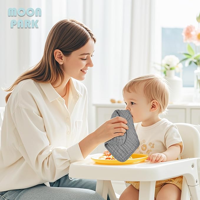 MOON PARK Baby Washcloths, 12 Pack - 12x12 Inches, Small Burp Cloths and Baby Wipes - 100% Cotton Muslin Ultra Soft for Newborn, Infant and Toddlers - Grey, Green and Slate