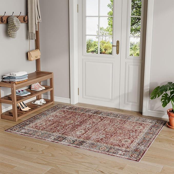 Dripex Vintage Washable Rug 3x5 Area Rug for Living Room Soft Bedside Rug Low-Pile Non-Skid Kitchen Entryway Mat Farmhouse Office Carpet Home Decor