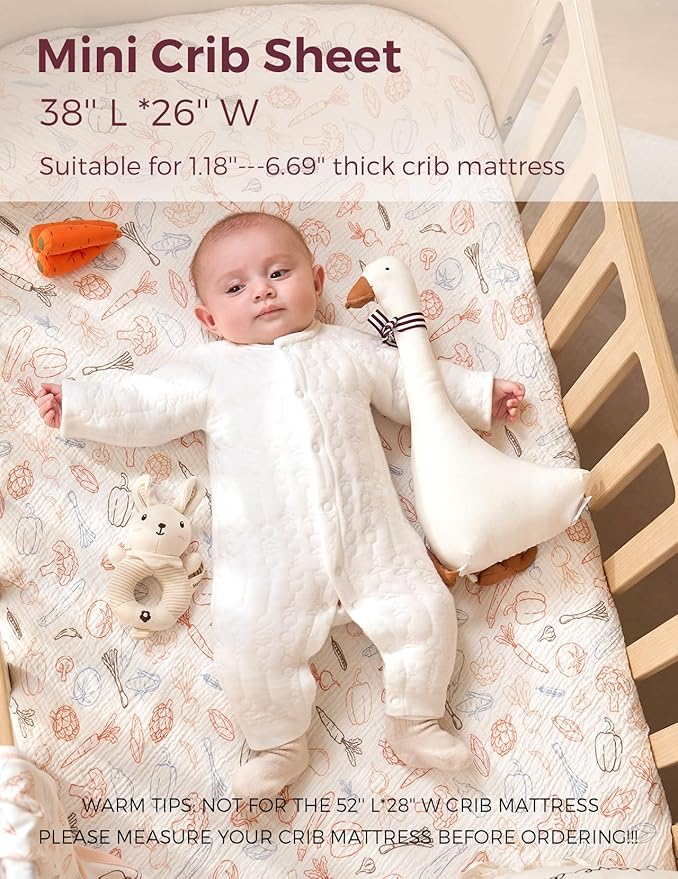 Momcozy Best Wishes Muslin Fitted Mini Crib Sheets, 38''x26'', 2 Pack Soft Breathable Natural Cotton Baby Mattress Sheet, 360° Mattress Wrapping Boys Girls Neutral Toddler Bed Sheet, Farming Joy
