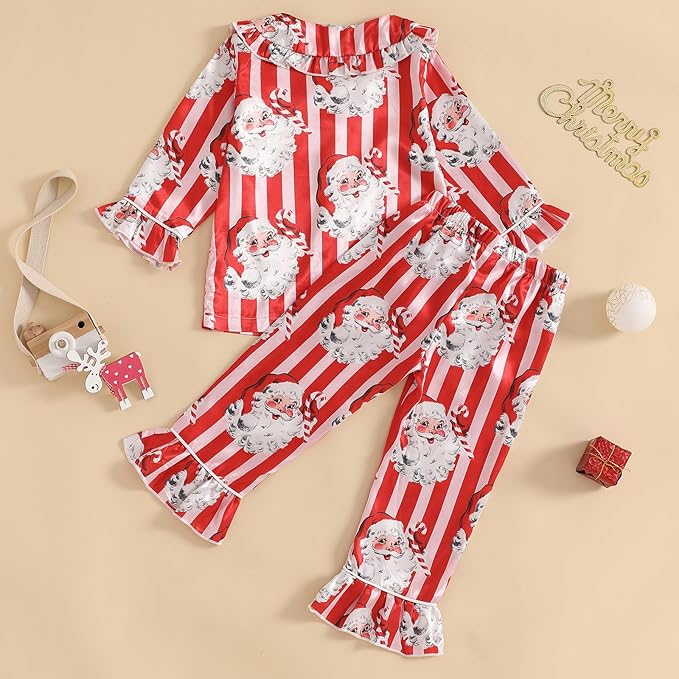 Toddler Kids Baby Girl Solid Pjs Ruffle Long Sleeve Button Shirt Top and Pants Cotton 2Piece Pajamas Set