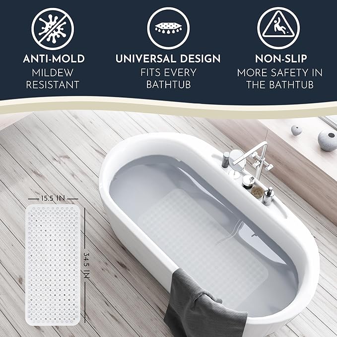 homerella® Bath Mat for Tub Non Slip Mold Resistant 35x16 - Shower Mat Non Slip Anti Mold - Bath Tub Mat Suction Cups incl. Hooks for Drying - Bathtub Mat Non Slip - ANI Slip Shower Mat Inside Tub