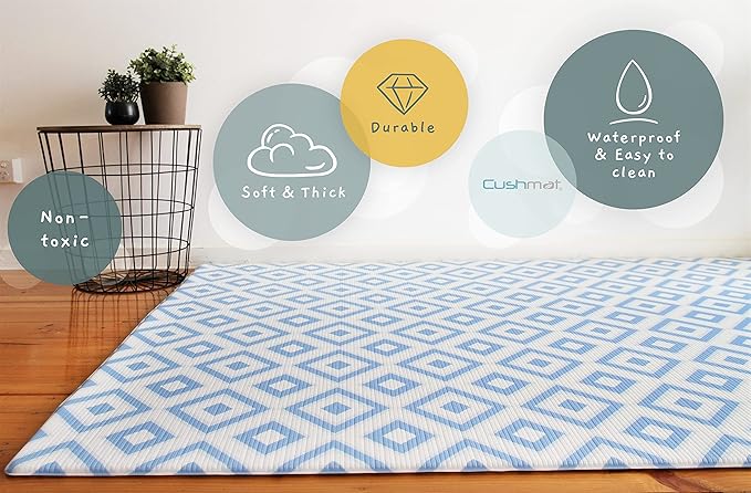 Cushmat Stylish Reversible Foam Play Mat (Large, Palm Gray - Blue Diamonds) - Soft, Waterproof, Durable Play mat for Infants, Babies, Toddler, Kids & Grownup - 6.5ft x 4.5ft