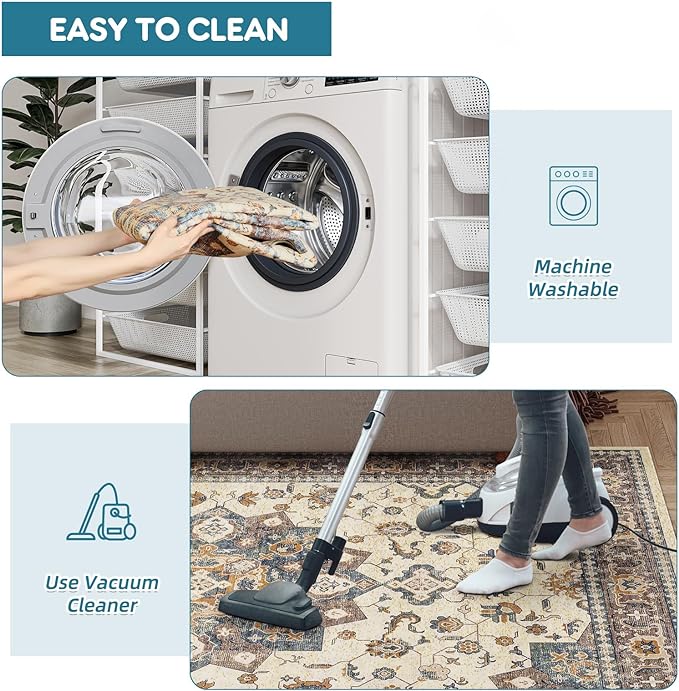 Dripex Washable Area Rug 6x9 Floral Rug Stain & Water Resistant Foldable Thin Vintage Rugs Faux Wool Floor Carpet for Living Room Bedroom Dining Room Kitchen Bathroom Farmhouse Office