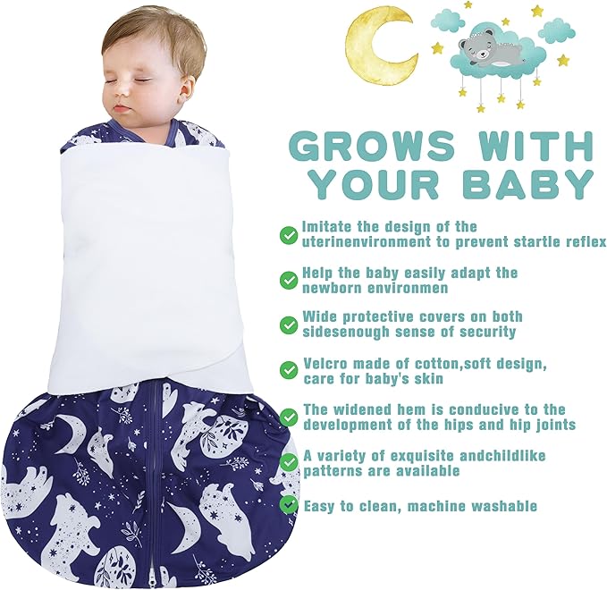 Newborn Sleep Sack Baby Swaddle,3-Way Adjustable Wearable Blanket,100% Rayon Cotton Swaddling Sleeping Bag,TOG 0.5 (Fox & Dinosaurs, 0-3 Months)