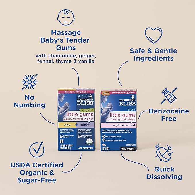 Mommy's Bliss Organic Little Gums Soothing Massage Gel & Oral Tablets Day and Night Combo, Age 2 Months+, Sugar Free, Mild & Sweet Flavor| 2-0.53 Oz Tubes + 1 Bottle (140 Tablets)
