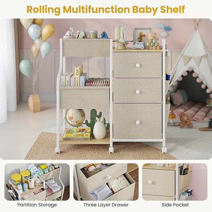 Baby Diaper Caddy, 3 Tier Baby Organizer and Storage Cart with Dividers and Drawers, Mobile Utility Rolling Cart, Newborn Baby Essentials Storage Cart with Wheels for Nursery, Bedroom, Beige