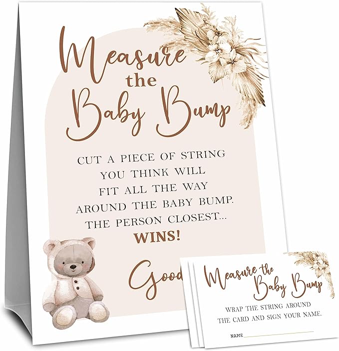 Baby Shower Measure The Baby Bump Game Set - Boho Bear Arch - 1 Self-Standing Sign And 50 Tickets - Gender Reveal, Baby Shower, Baby Announcement Activity & Party Favor Supplies - A03