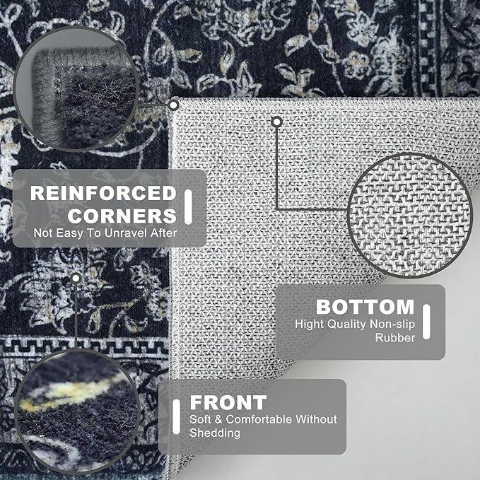 KILOCOCO Hallway Runner 3x12 Rug Runner Printed Vintage Floral Washable Non-Slip Rubber Backed Runners for Hallways Kitchen Laundry Room Entryway Bedroom, Charcoal