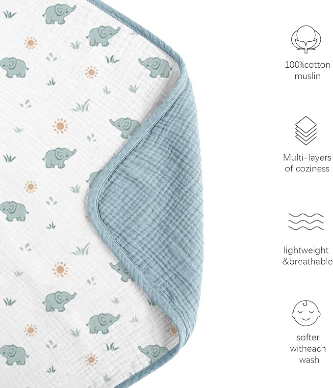 Konssy Muslin Baby Blankets for Girls Boys, 100% Cotton Crib Blanket for Baby Infant Toddler, Super Soft and Lightweight Nursery Blankets 40"x36" (Elephant)