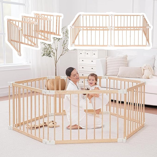Wooden Playpen & Play Yards for Babies and Toddlers, Foldable Wood Baby Play Fence with Locking Gate, Kids Activity Area Center Indoor Outdoor, Pinewood