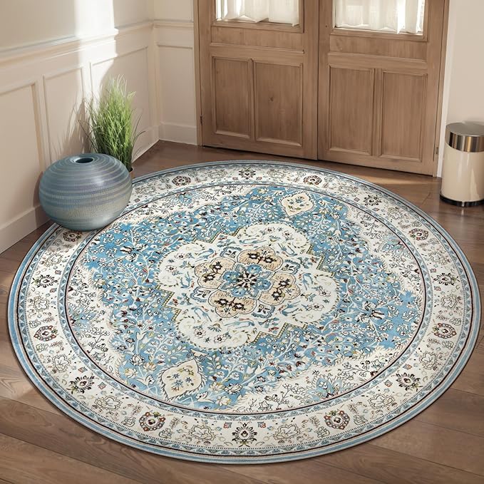 Ciicool Washable Area Rug Round 5’x5’ Boho Bedroom Rug Non-Slip Oriental Entry Throw Rug Low-Pile Indoor Floor Carpet for Dining Room Laundry Foyer Decor (Vintage Blue)