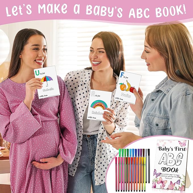 Geelin 51 Pcs Fun Baby Shower Game Activities First ABC Book Sign Coloring Game Card 26 Alphabet a to Z Coloring Card with 24 Watercolor Pen Storage Bag for Baby Shower Party(Butterfly)
