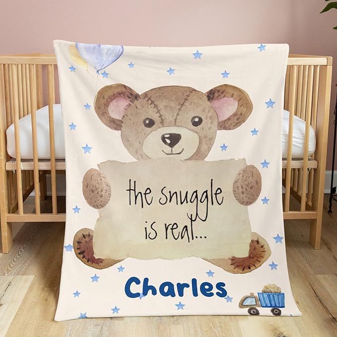 Personalized Baby Blanket for Boys Bear Custom Baby Blankets with Name Dotted Backing Customized Gifts for New Mom Customize Baby Blanket for Boy Kids Newborn Birthday