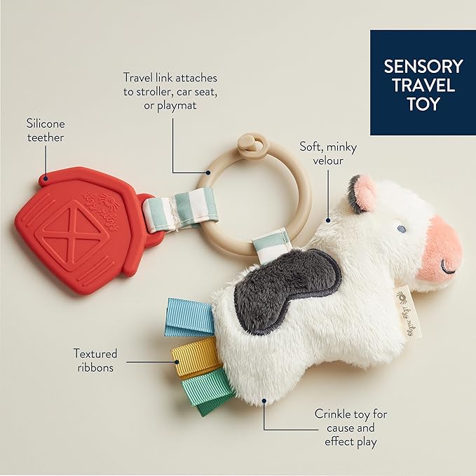Itzy Ritzy Infant Toy & Teether - Itzy Pal Baby Teething Toy Includes Lovey, Crinkle Sound, Textured Ribbons & Silicone Teether Toy for Newborn (Cow)