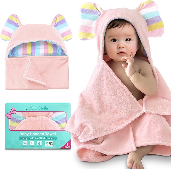 VOOVA & MOVAS Baby Hooded Bath Towel - 100% Cotton, 33x23.5 Inches,0-3Years,Super Absorbent Large Towel with Cute Elephant Ears Hood for Newborn, Baby, Toddler,Pink