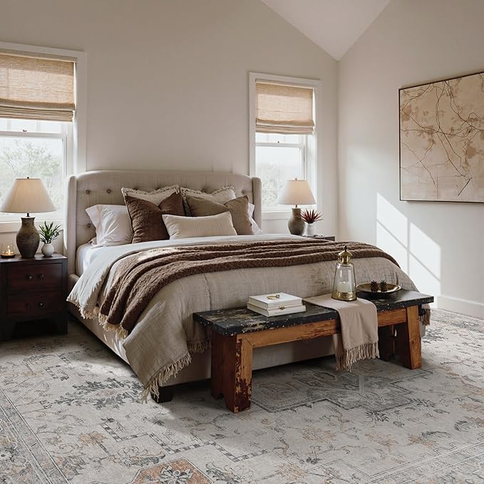 GENIMO 9x12 Area Rugs for Living Room, Non Slip Machine Washable Vintage Rugs, Low Pile Lightweight Chenille Print Large Rug for Bedroom, Dining Room, Home Office, Light Taupe Brown