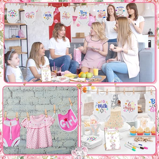 Panitay 126 Pcs Baby Shower DIY Bodysuit Set Rustic Kraft Baby Shower Game Sign DIY Bib 25 Blank White Newborn Bodysuit 25 Stencils 24 Marker 1 Sign 50 Pins for Gender Reveal(Pink Elephant)