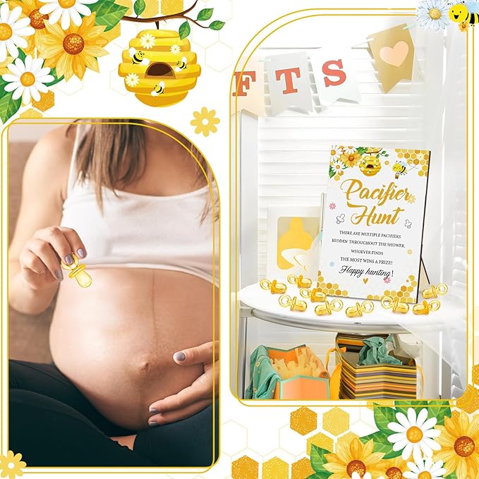 Thyle 51 Pcs Pacifier Hunt Baby Shower Games Include Hunt Sign and 50 Acrylic Pacifiers for Baby Shower Game Decoration Gift Sets Gender Reveal Party Decor(Bee)