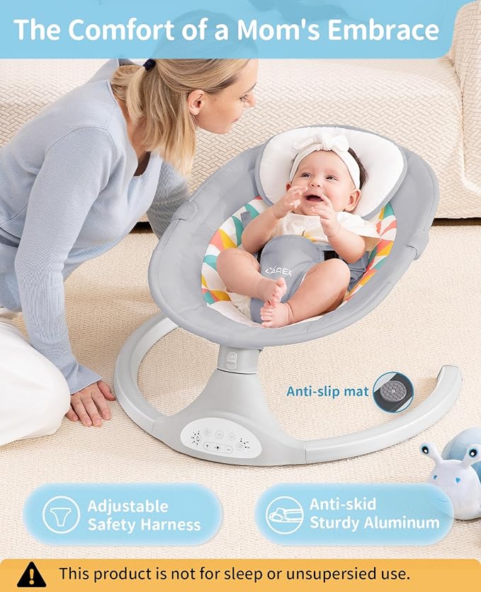 LAREX Baby Swings Electric Baby Swing Bluetooth Infant Swing Portable Rocker with 5 Speeds, 1 Seat Position, Remote Control, Grey