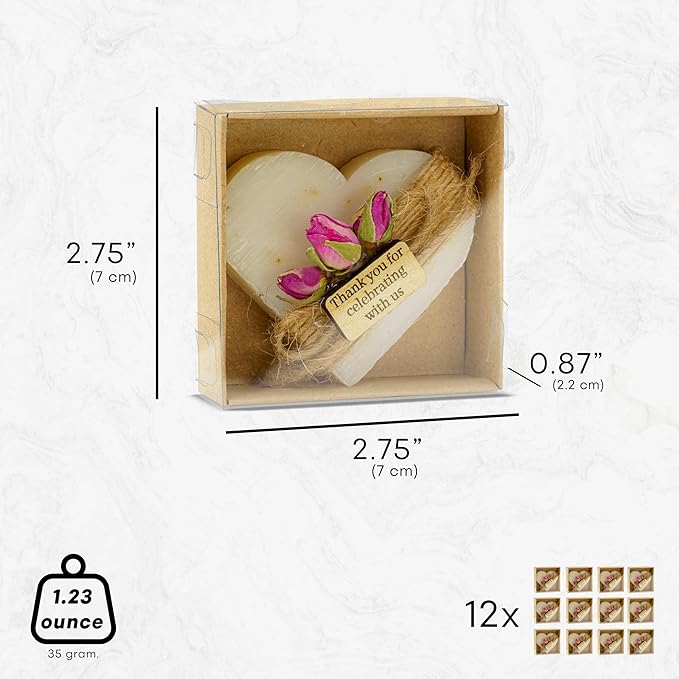 Heart Shaped Soaps 12-Pack, Handmade Scented Mini Soaps for Bridal Shower Party Favors, Tea Party, Wedding, Baby Shower & Engagement Gifts for Guests, Thanks You for Celebrating with Us Wooden Tag