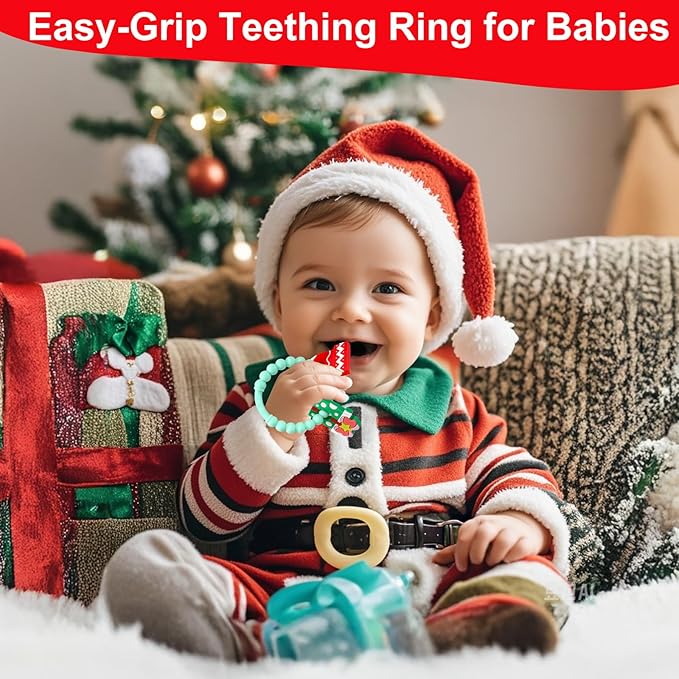 Christmas Baby Teething Ring Toys – Christmas Gift & Stocking Teethers for Newborns, Infants & Toddlers – Sensory Chew Bracelet for Teething Relief – Perfect Baby’s First Christmas Stocking Stuffers