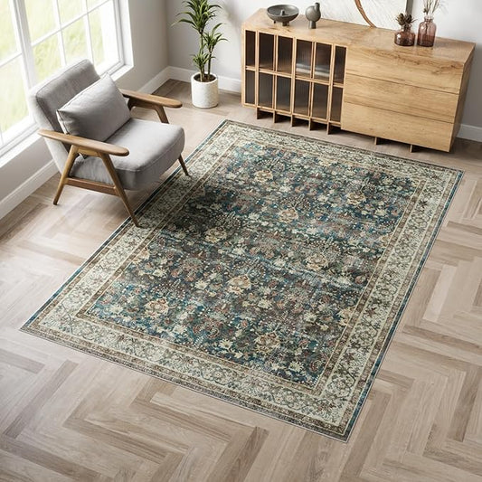 Dripex Vintage 5x7 Area Rugs - Large Washable Area Rug for Living Room Bedroom Oriental Medallion Floral Print Floor Carpet Low-Pile Indoor Soft Non-Slip Accent Rug Farmhouse Home Office Decor