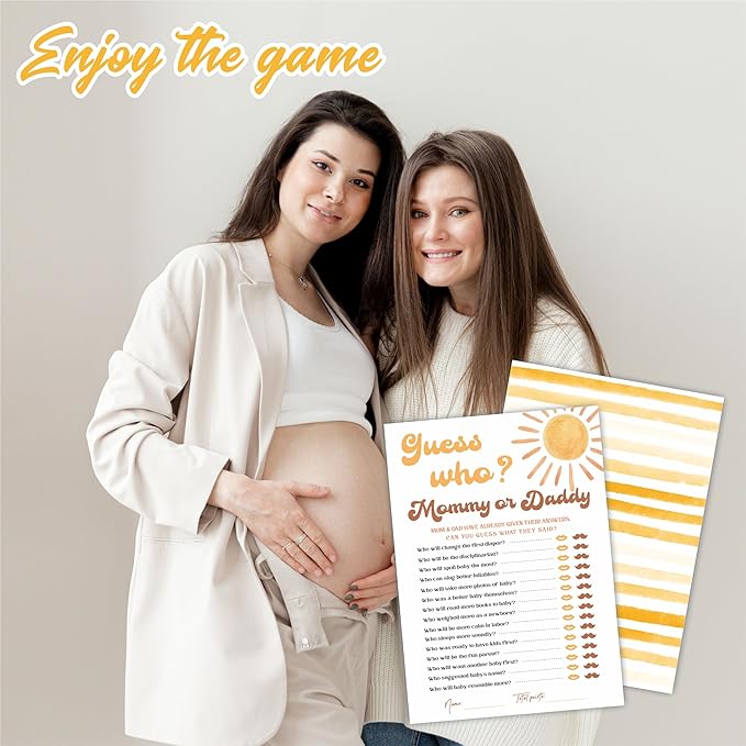 Guess Who? Mommy Or Daddy Baby Shower Game Set - Watercolor Sunshine - 30 Double-Sided Fill In Style Game Cards For Gender Reveal, Baby Announcement, Party Favor & Supplies - B03