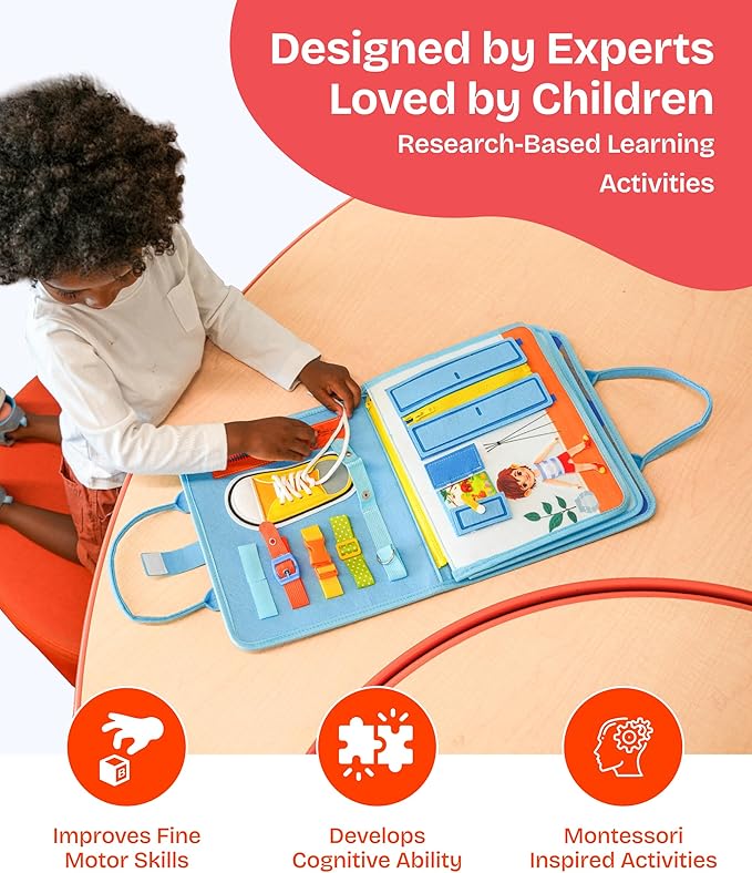 Montessori Toddler Toy Busy Board, Interactive Baby Books and Toddler Busy Book, Travel-Friendly Sensory Activity Book Enhancing Fine Motor Skills