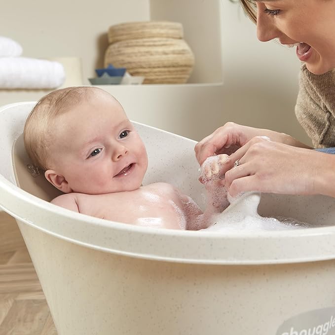 ECO Newborn Baby Bath | Recycled Material with Built-in Support Bump and Soft Backrest | Suitable from Newborn | Includes Water Plug | Cookies and Cream Colour | Beige Taupe Speckled