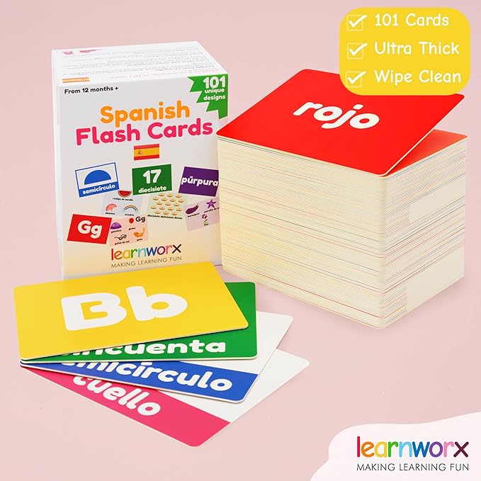 Spanish Flash Cards for Kids and Toddlers - 101 Cards - 202 Sides - Learn Shapes, Numbers, Colors, Body Parts, Counting, Letters & More - Great Value, Fun Learning and Educational Flashcards
