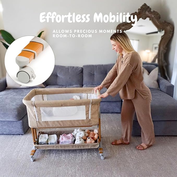 Baby Bassinet Bedside Sleeper 2 in 1 with Wheels, Arms Reach Co Sleeper with Mattress, Incline Option, 6 Adjustable Heights for Newborn to 6 Months Infant