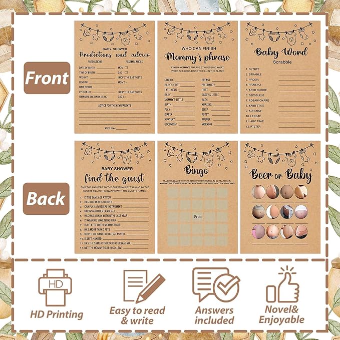 Baby Shower Games Bundle for 50 Guests, 6 Fun Activities: Find the Guest, Predictions, Finish Mommy's Phrase, Beer or Baby, Word Scrabble, Bingo