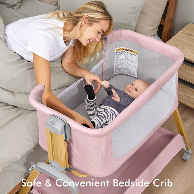 Bassinet Bedside Sleeper, Rocking Bassinets with Comfy Mattress and Wheels for Newborn, 5-Height Adjustable (Pink)