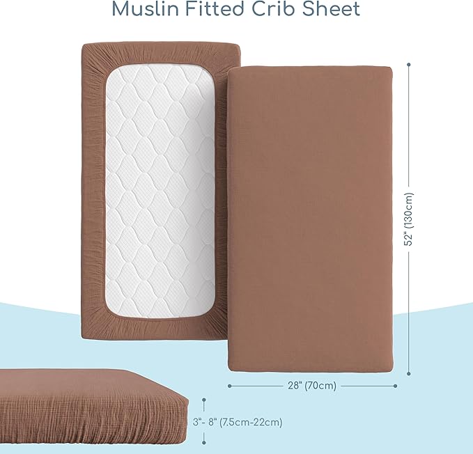 Muslin Crib Sheets, 100% Organic Cotton, Breathable and Ultra-Soft, Standard Crib Sheet Mattress (28"x 52") for Girls and Boys, Neutral Fitted Baby Crib Sheet (Brown)