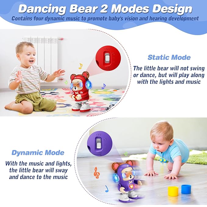 2 Pcs Dancing Bear Toys, Baby Dancing Moving Crawling Musical Toys Age 3-12 Months, with Light, Musical and Dancing, Birthday Gift for Age 1 2 3 4 Year Old Toddlers