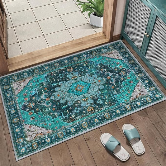 Ciicool Washable Area Rug 2x3ft Small Boho Rug, Teal Rugs for Entryway Non-Slip Entry Rugs Low-Pile Door Mat Floor Accent Carpet for Entrance Bedroom Kitchen Bathroom Foyer Decor