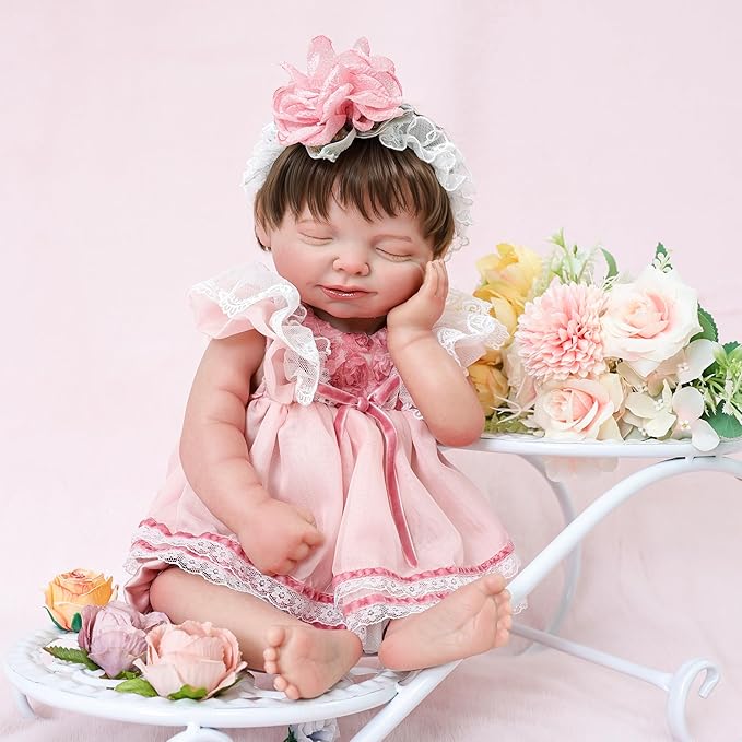 20-Inch Lifelike Reborn Baby Doll, Realistic Baby Doll with Cute Skirts, Poseable Smiling Full-Body Vinyl Baby Dolls for 3+ Years Old Kids Name Rosalie (Pink (Close Eyes)