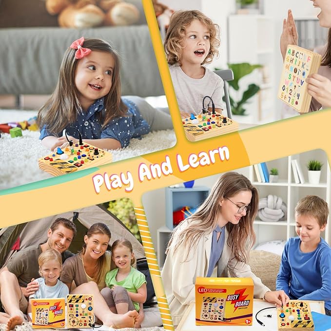 HarVow Busy Board with LED Light Switches, Montessori Toys for 1 2 3 Years Old, Toddlers Wooden Toy Sensory Activity Board, Travel Toys for 1+ Year Old Boy & Girl Birthday Gift