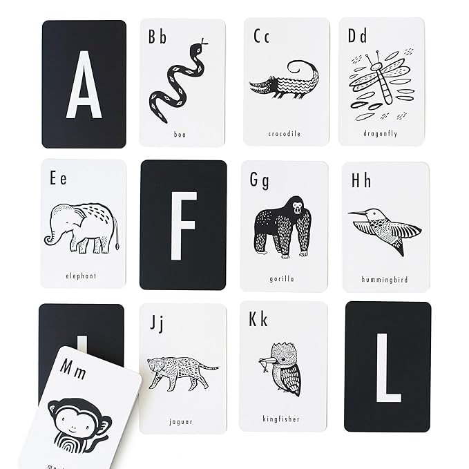 Wee Gallery Educational Flashcards for Babies, Double Sided Black and White Learning Flash cards, Jungle Animal Alphabet Cards for Visual Stimulation and Cognitive Development of Infants and Toddlers