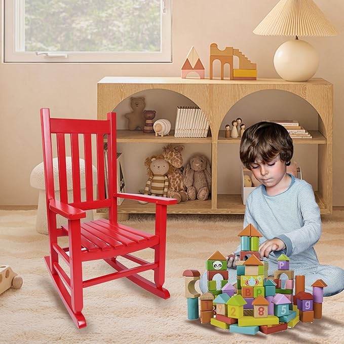 Kids Rocking Chair for Toddlers and Children Comfy Recliner Wooden Rocker for Baby Girls Outdoor Lounge Chair for Kids Age 6-10 Indoor Christmas Gift Red