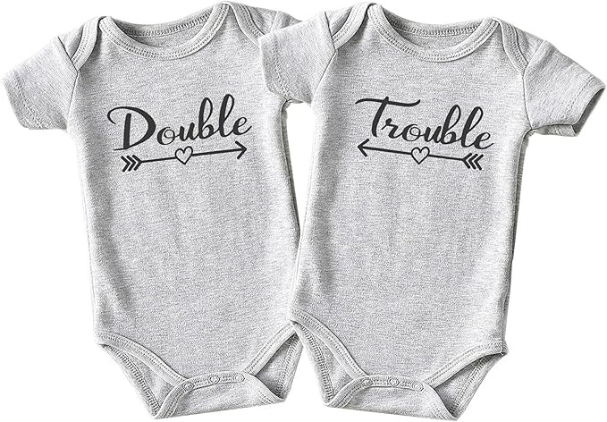 Double Trouble Twin Outfits For Boy And Girl Newborn Twins Baby Items Must Haves Twin Announcement