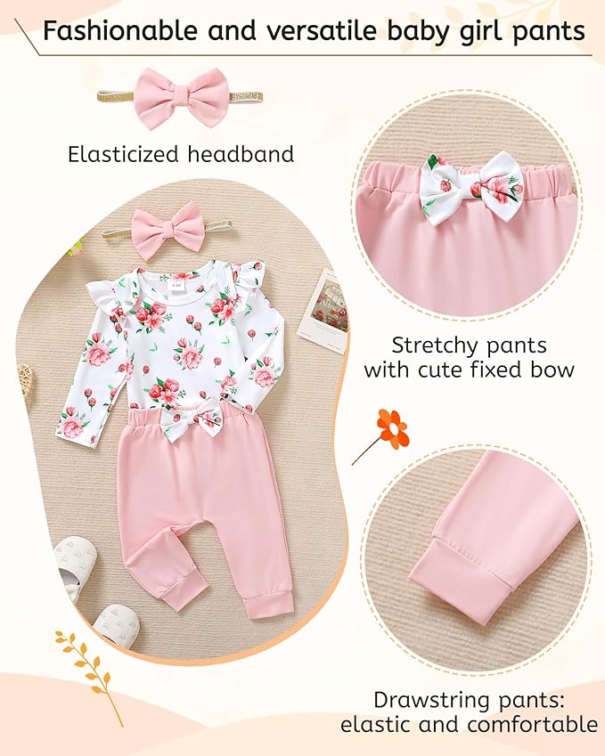 YALLET Baby Girl Clothes Newborn Infant Girl Outfits Floral Romper+Pants+Headband Fall Baby Layettes for Clothing 0-18 Months