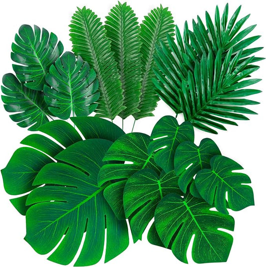 Decopom Palm Leaves Artificial Tropical Monstera-84Pcs 6 Kinds Large Small Green Fake Palm Leaf with Stems for Safari Jungle Hawaiian Luau Party Table Decoration Wedding Birthday Theme Party