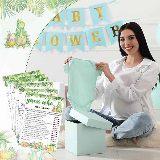 Jetec 302 Pcs Cute Dinosaur Theme Baby Shower Games, 6 Games, 50 Sheets Each, Shower Bingo, Word Scramble, Baby Word Search, Predictions and Advice, The Price is Right, Guess Who