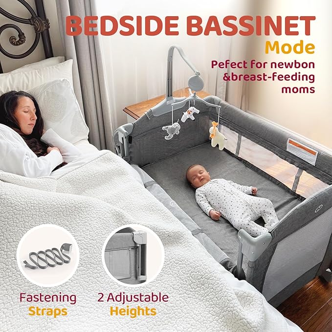 HARPPA Pack and Play 5 in 1, Portable Baby Playard for Travel, Baby Bassinet Bedside Sleeper with Mattress, Rolling Bassinet for Infant, Pack n Play with Changing Table, Bed Crib(Gray)