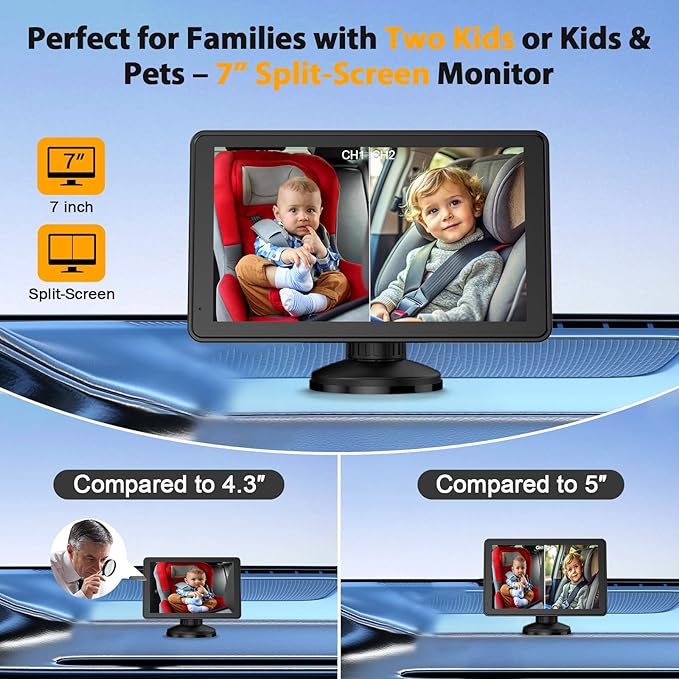 Baby Car Camera for 2 Kids - 7-Inch Split-Screen Monitor, Dual HD 1080P Cameras, Night Vision, 360° Rotatable, Easy Install Backseat Camera for Safety & Convenience - Perfect for Twins or Siblings