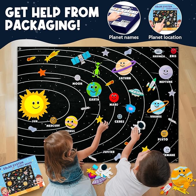 Solar System for Kids 3-5 5-7 with 63pcs Felt Board Story Sets Girl Boy Toys Preschool Montessori Learning Toy Wall Busy Board Astronaut Space Planets Birthday Gifts 3 4 5 6 7 8 Year Old Stem Toy